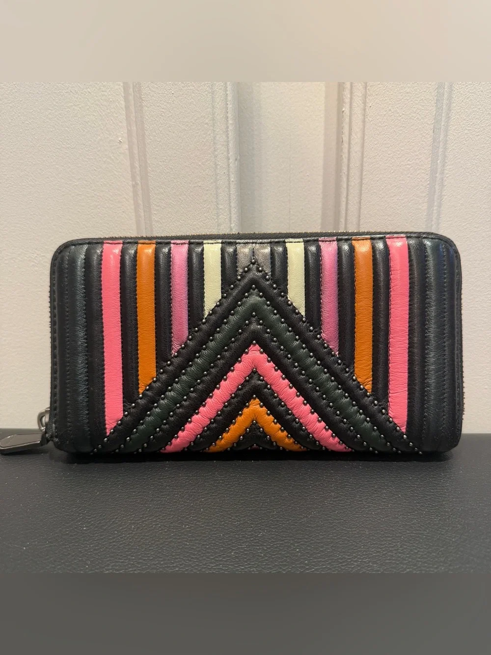 Rare Vintage EUC Coach Zip Long Wallet Quilted Colorblock & Rivets
